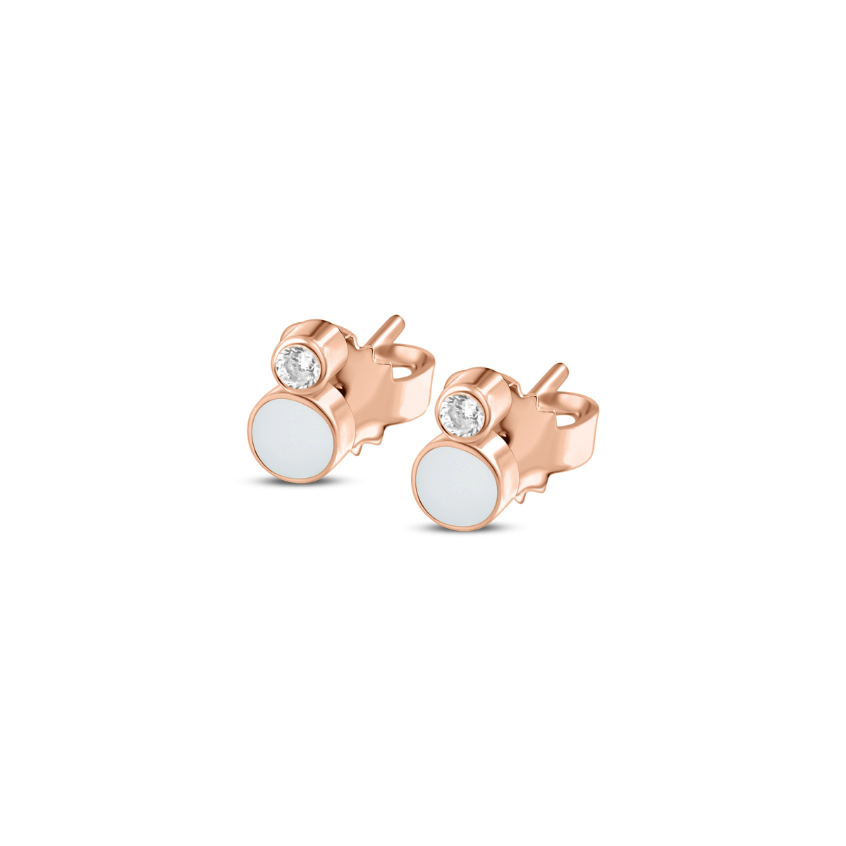 Roségouden oorstekers met een ronde moedermelkhars en een zirkonia steentje, elegant en tijdloos ontwerp.