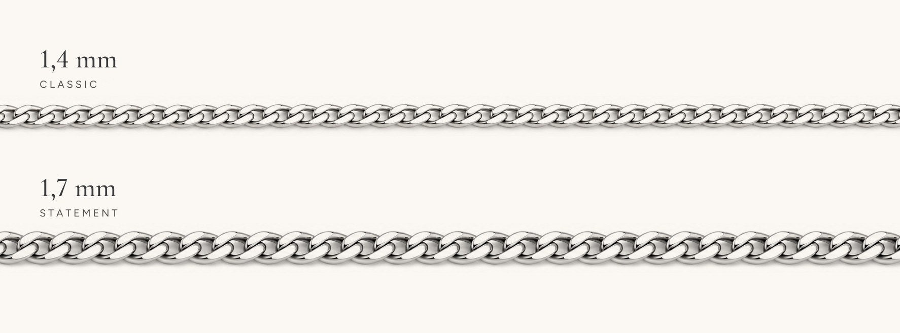 Chaînes en argent Classique 1,4 mm et Statement 1,7 mm côte à côte