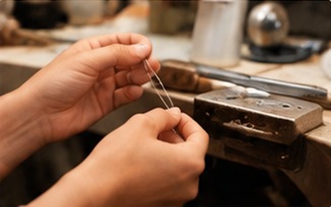 Handen werken een ketting af in het atelier
