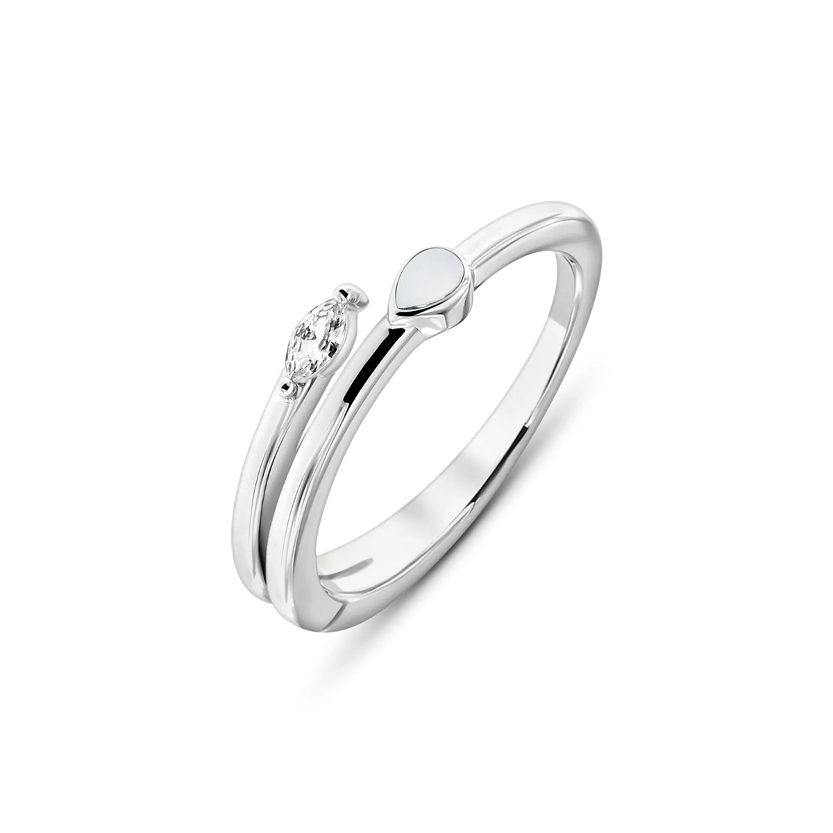 Elegante ring van 925 zilver met een druppelvormige moedermelkhars en een sprankelende zirkonia.