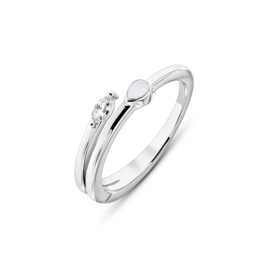 Elegante ring van 925 zilver met een druppelvormige moedermelkhars en een sprankelende zirkonia.