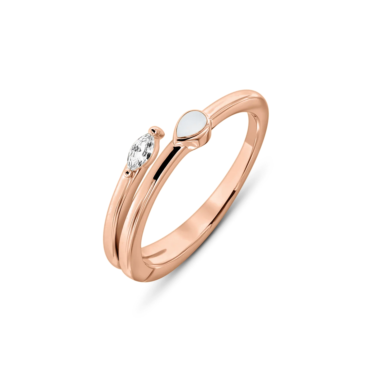 Roségouden moedermelkring met een ovale zirkonia en een druppelvormige moedermelkhars, elegant en modern van ontwerp.