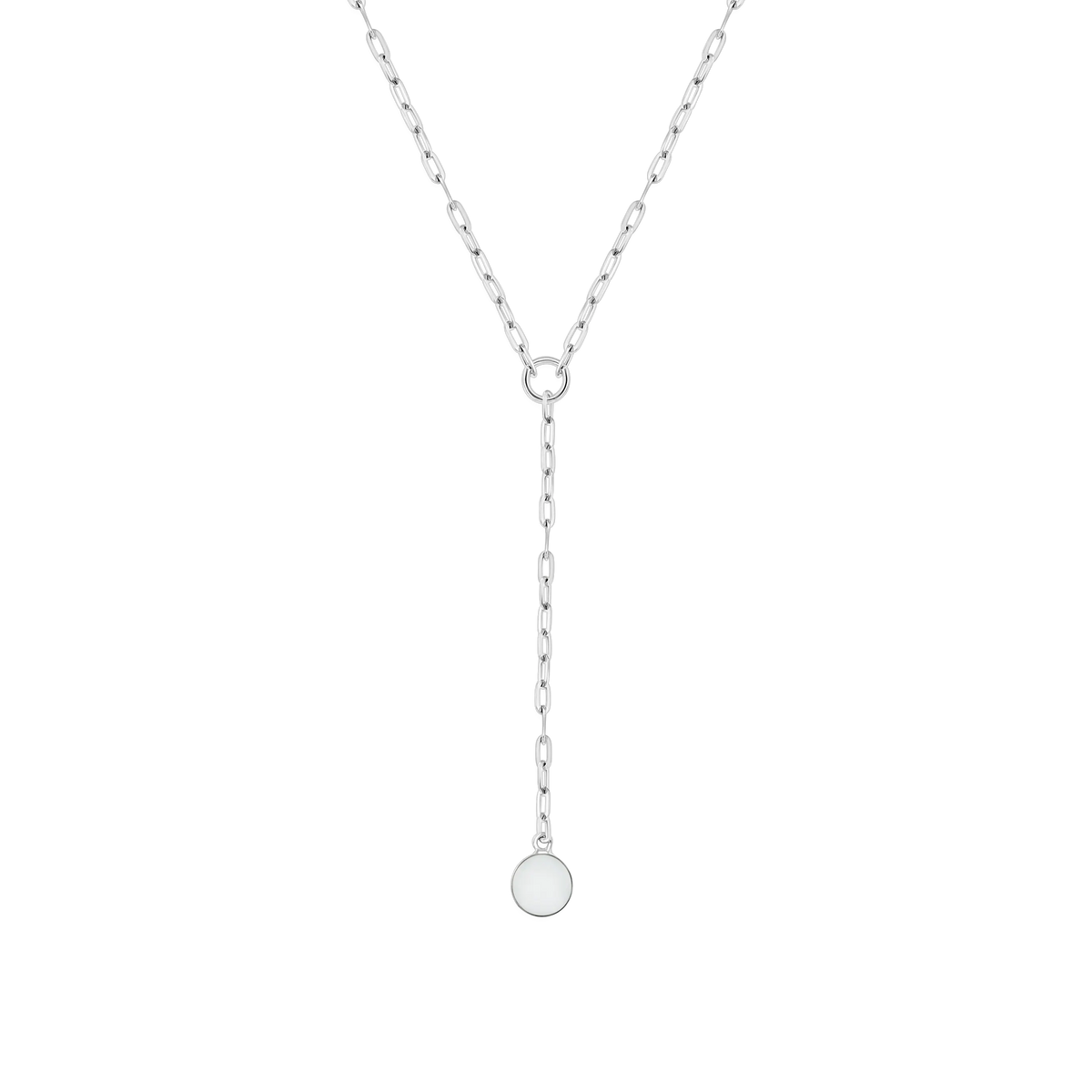 Ketting van 925 zilver met een lange schakel en een hangende hanger met een ronde moedermelkhars in het midden.