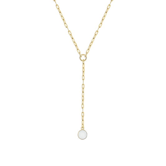 Hanger van massief geelgoud met een ronde moedermelkhars in het midden, hangend aan een schakelketting.