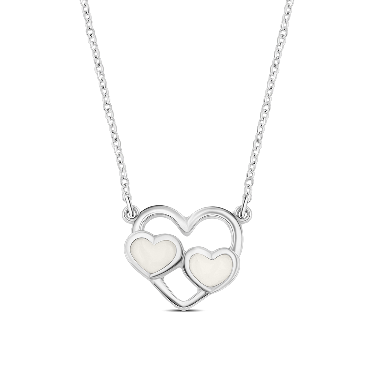 Hanger in 925 zilver met twee hartvormige elementen, gevuld met moedermelkhars, aan een fijne zilveren ketting.