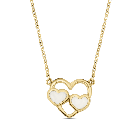 Hanger in geelgoud met twee hartvormige elementen van moedermelkhars, verbonden door een elegante ketting.