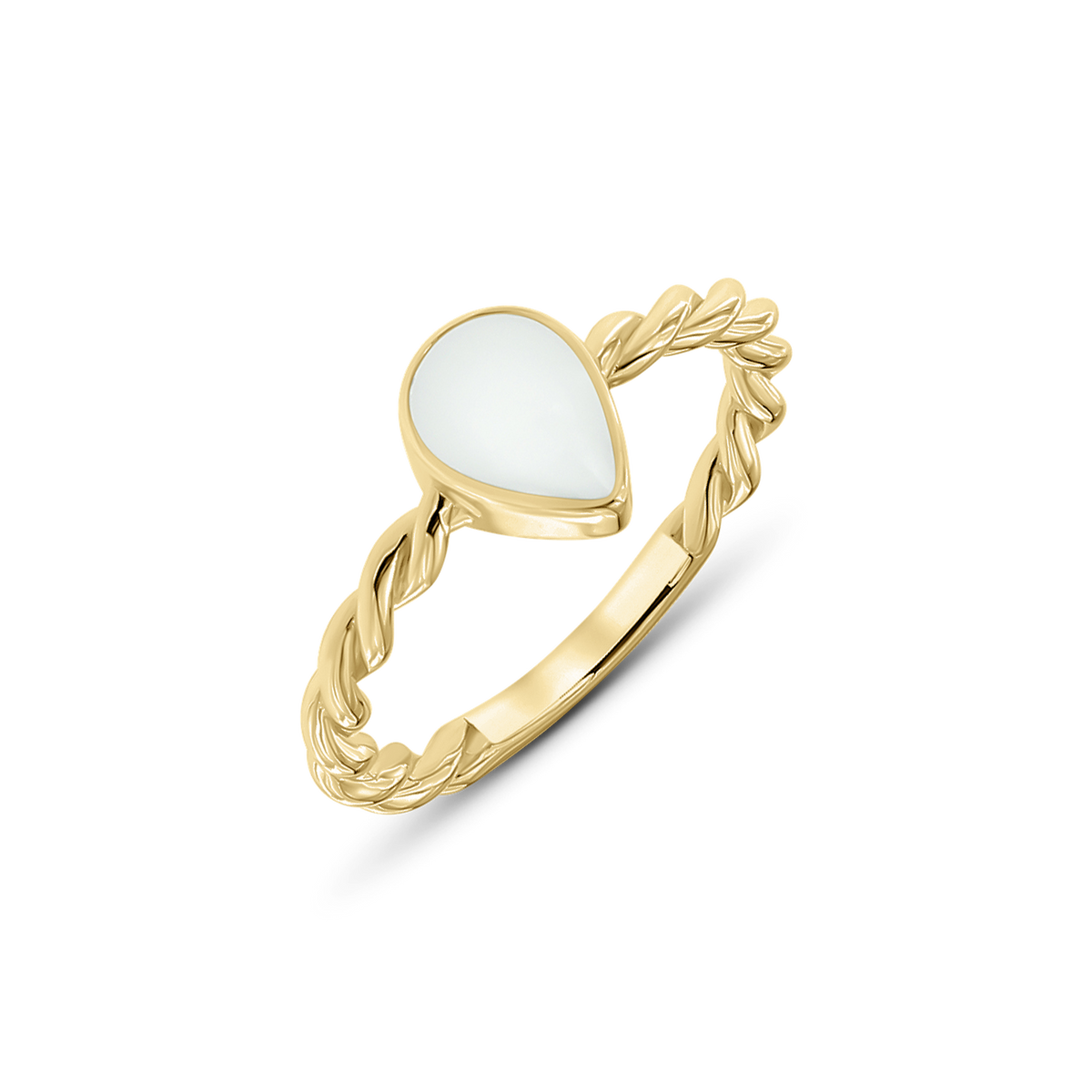 Ring van massief geelgoud met een druppelvormige moedermelkhars en een gedraaide band.