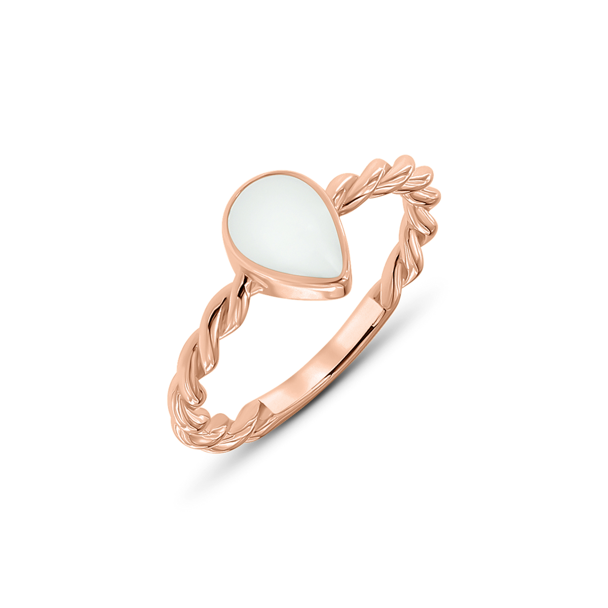 Roségouden moedermelk-ring met een druppelvormige, witte moedermelkhars en een gedraaide band.
